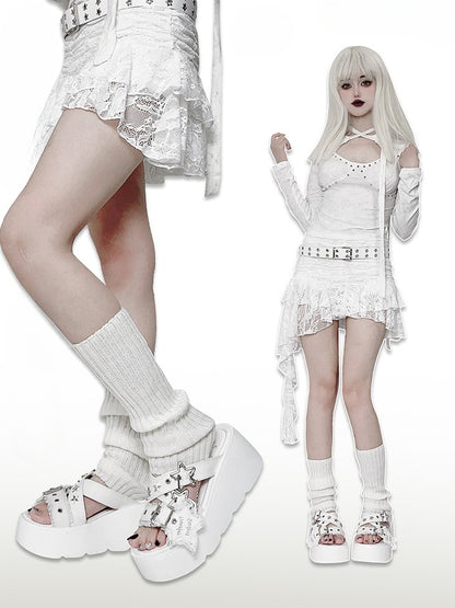 Star-shaped Buckles and Studs White Denim Punk Platform Slippers