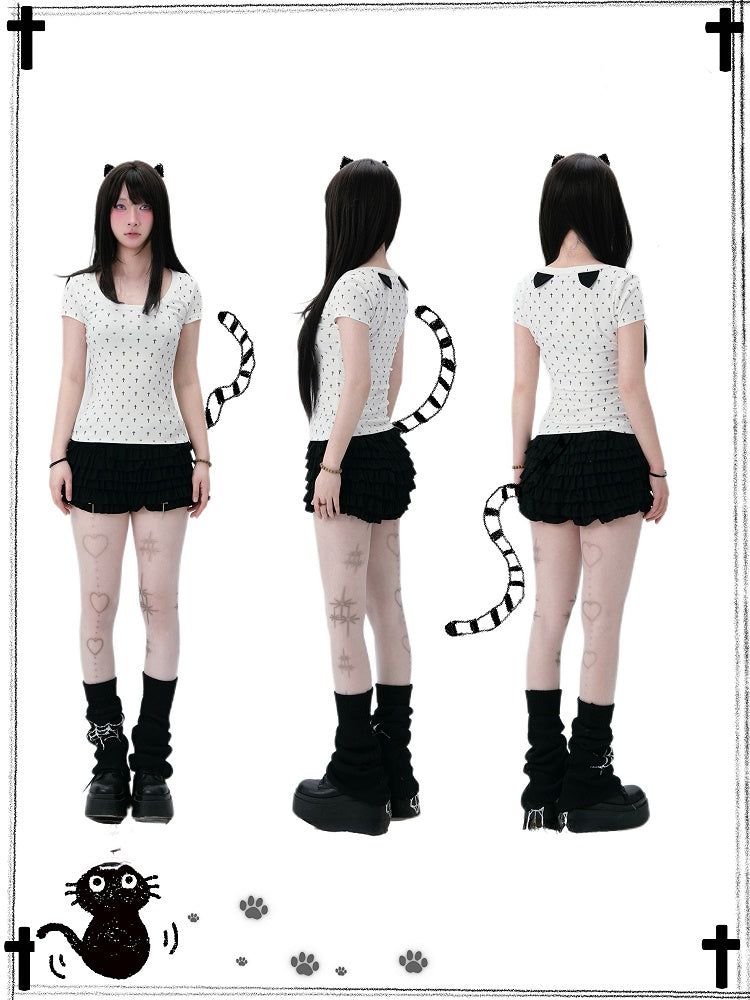 Pastel Gothic White Allover Cross and Cat Paw Print Cat Ears Detail at Back T-Shirt