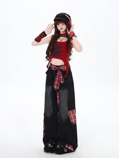 Red Plaid Bowknot Wide-leg Cut High Street Black Jeans