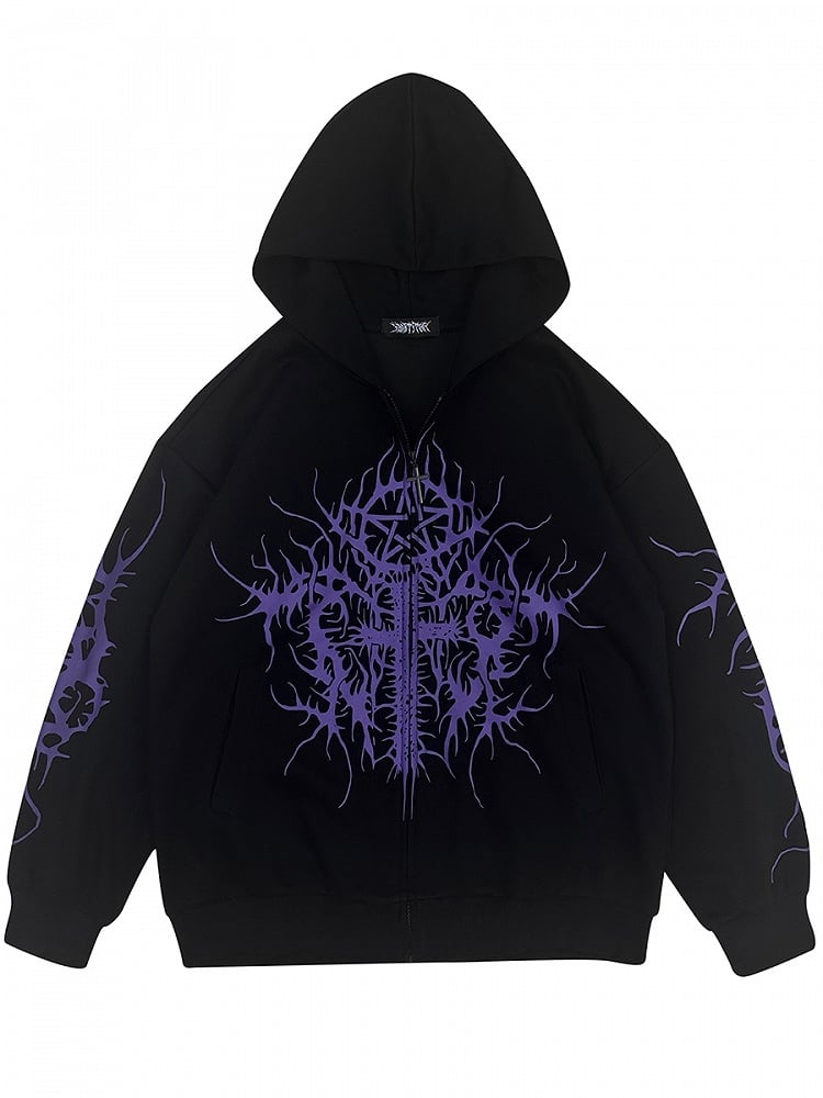 Black and Purple Emo Punk Graphic Zip Hoodie