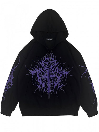 Black and Purple Emo Punk Graphic Zip Hoodie