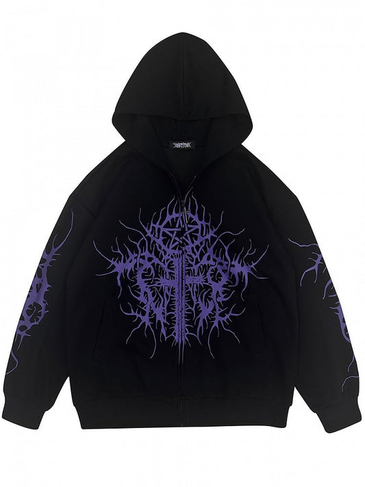 Black and Purple Emo Punk Graphic Zip Hoodie