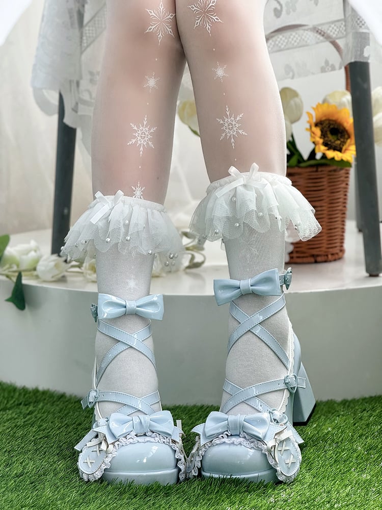 Blue Crisscross Design Bunny Ear Bowknot Sweet Lolita 8CM High Block Heels