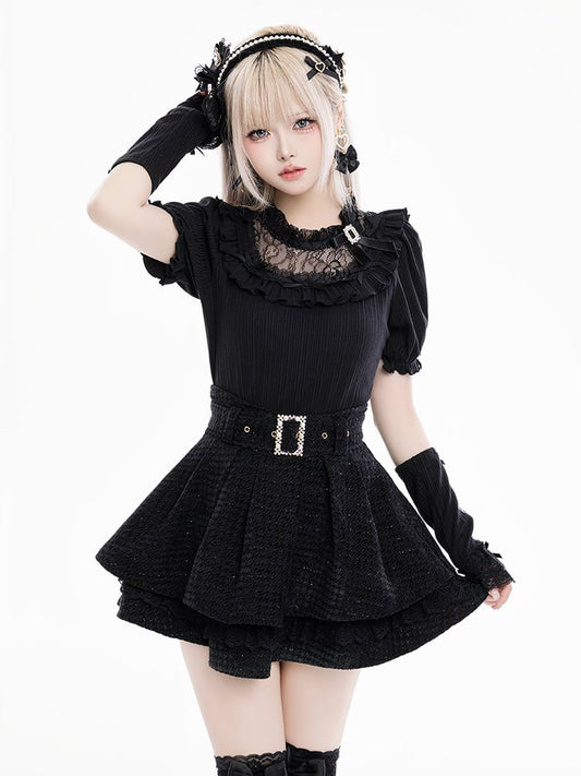 Jirai Kei Bowknots and Beads Decorated Illusion Neckline Black Blouse with Free Armwear