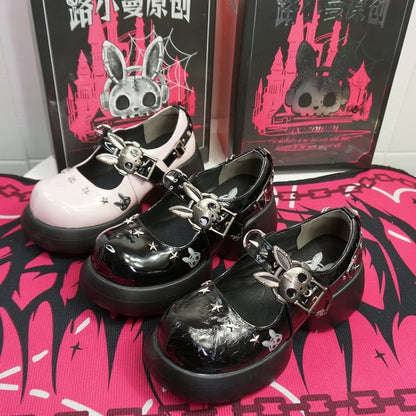 Studs Polished Black Platform Mary Janes with Skeleton Rabbit Buckles