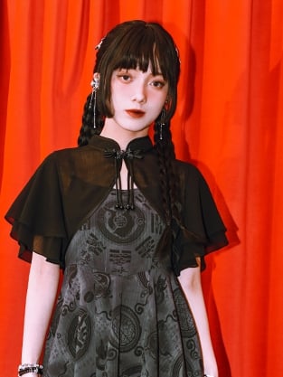 Black Banded Collar Double-layered Flounce Sleeves Cheongsam Style Cropped Top