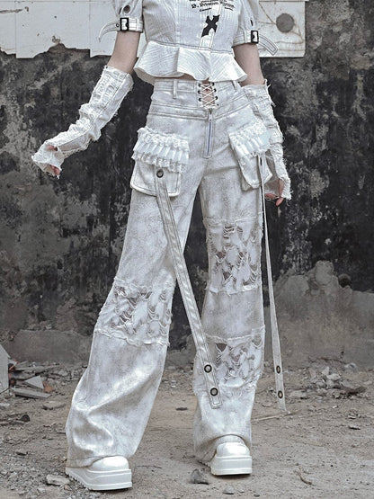 White Double Waistband Distressed Holes Punk Cargo Pants
