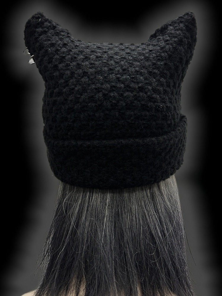 Black Punk Rock Studs Design Cat Ears Beanie