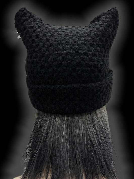 Black Punk Rock Studs Design Cat Ears Beanie