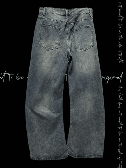 Blue Distressed Holes Skeleton Applique Punk Wide-leg Jeans