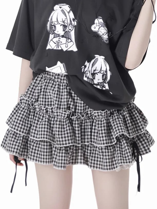 Black/Plaid Elastic Waist Tiered Skirt Bloomers Lining