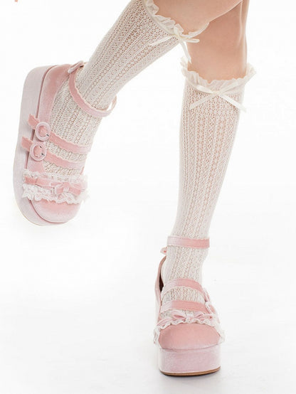 Lace Trim Bowknot at Top Velvet Pink Buckle Straps Platforms