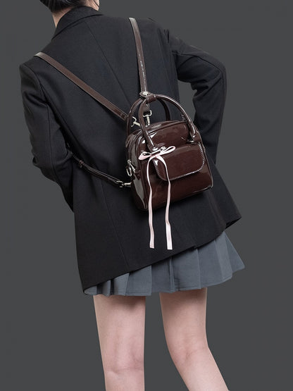 Kawaii 3-Way Glossy Chocolate Brown Backpack With Ribbon Bow