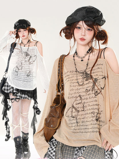 Butterfly Print Asymmetrical Neckline Khaki/White Semi-sheer Coverup