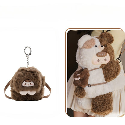 White&Brown Split Color Plush Bear Backpack/Crossbody Bag + Keychain