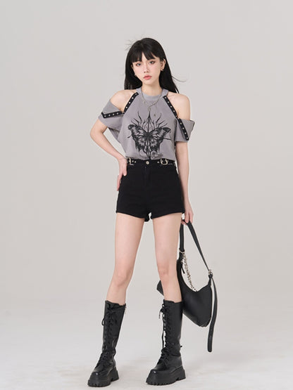 Gray Butterfly Print Cutout Shoulder Loose T-Shirt