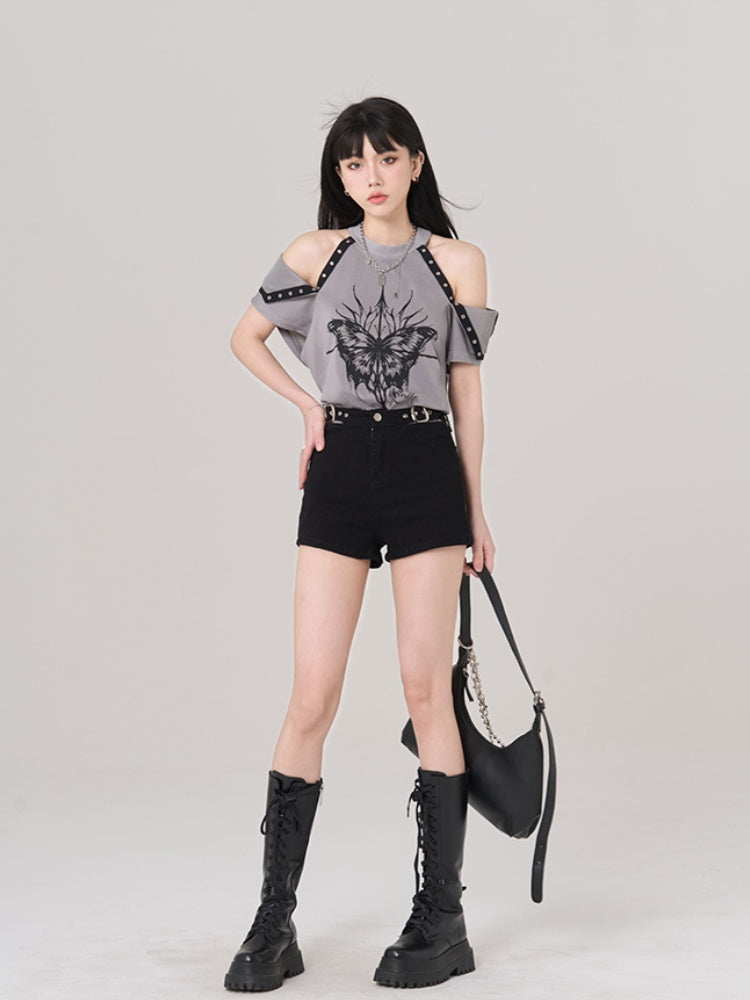 Gray Butterfly Print Cutout Shoulder Loose T-Shirt