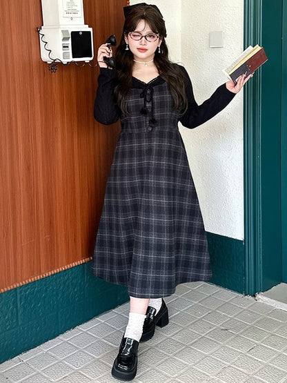 Plus Size Dusty Blue High Waist Plaid Pattern Woolen Overall Dress