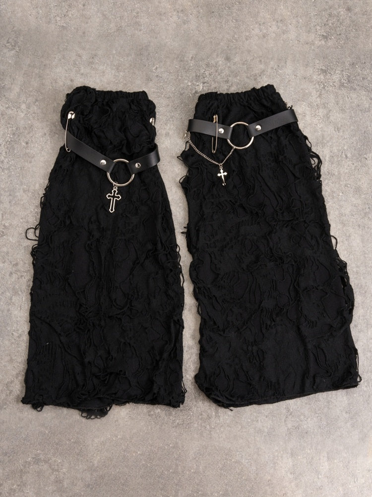 Cross Decorated Distressed Holes Gothic Black Leg Warmers