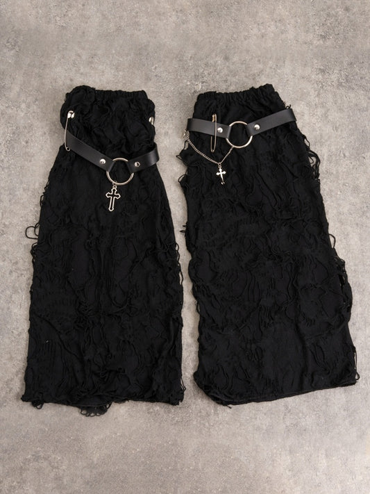 Cross Decorated Distressed Holes Gothic Black Leg Warmers