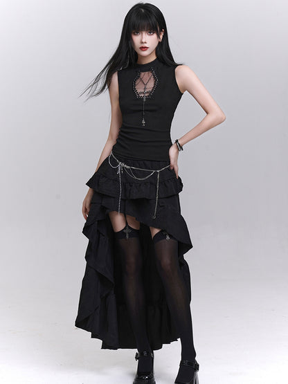 Studded Coffin-Shaped Cutout Black Tank Top with Free Cross Necklace