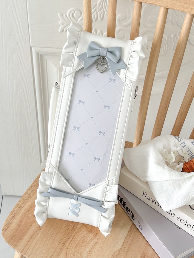 White&Blue Bowknot Details Diamond Pattern 1/6 Scale BJD Doll Bag with Two Straps