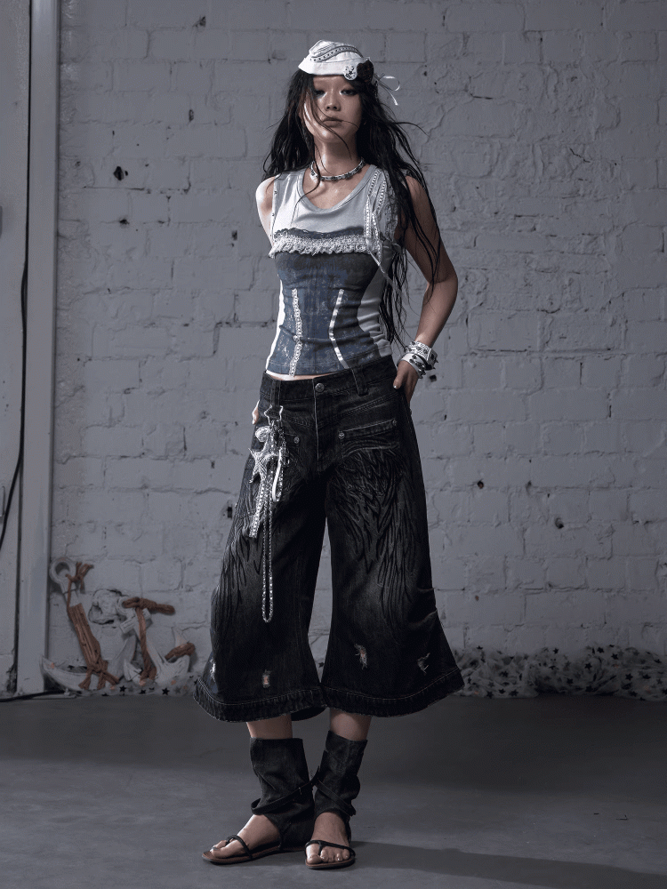 Blue/Yellow Faded Wash Distressed Holes Angel Wing Embroidery Vintage Punk Wide-leg Jeans