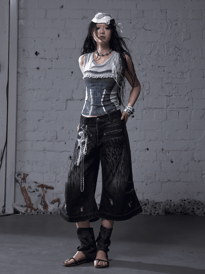 Blue/Yellow Faded Wash Distressed Holes Angel Wing Embroidery Vintage Punk Wide-leg Jeans