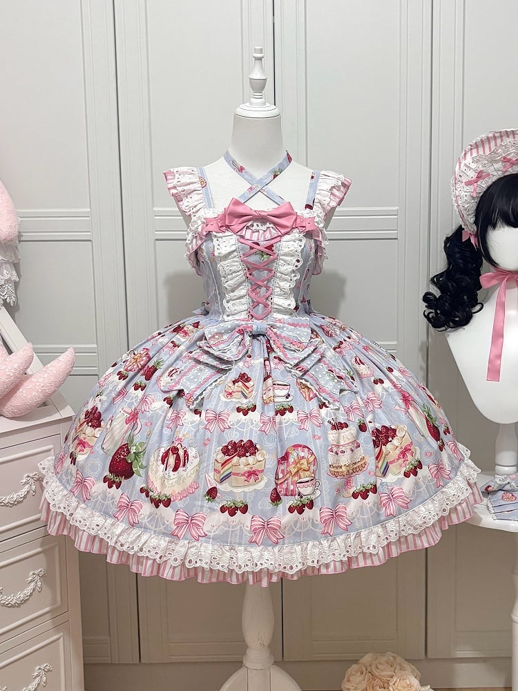 Bows and Strawberry Dessert Print Blue Sweet Lolita Jumper Skirt