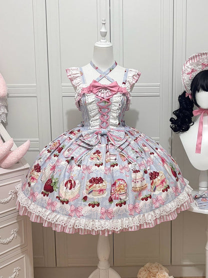 Bows and Strawberry Dessert Print Blue Sweet Lolita Jumper Skirt