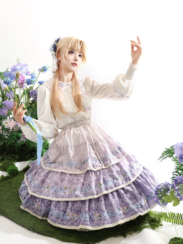 Ombre Violet Delicate Iris Embroidery Tiered Skirt