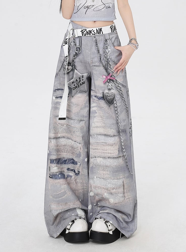 Grey Low Waist Distressed Holes and Chains 3D Print Wide-Leg Casual Pants