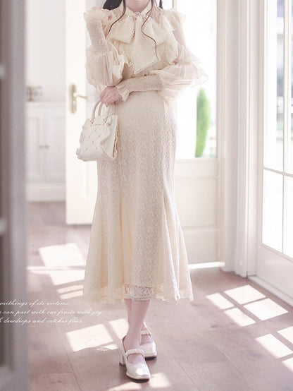 Jirai Kei Elegance: Beige Chiffon Blouse with Flounce Cutout Shoulders - Clean & Innocent Aesthetic