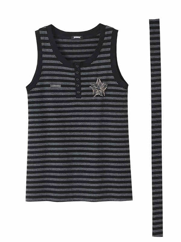 Punk Pins Star Black and Gray Striped Loose Tank Top with Scarf