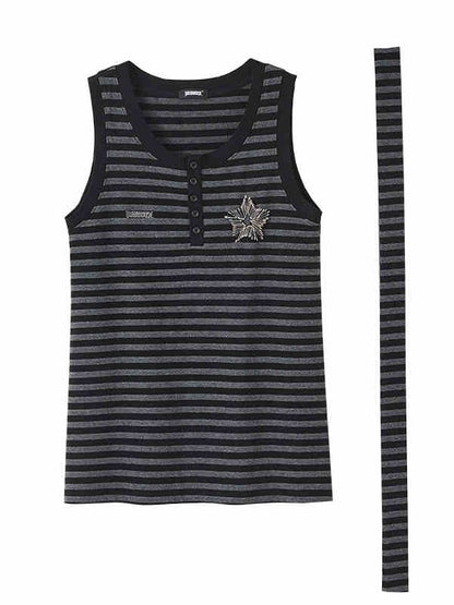 Punk Pins Star Black and Gray Striped Loose Tank Top with Scarf