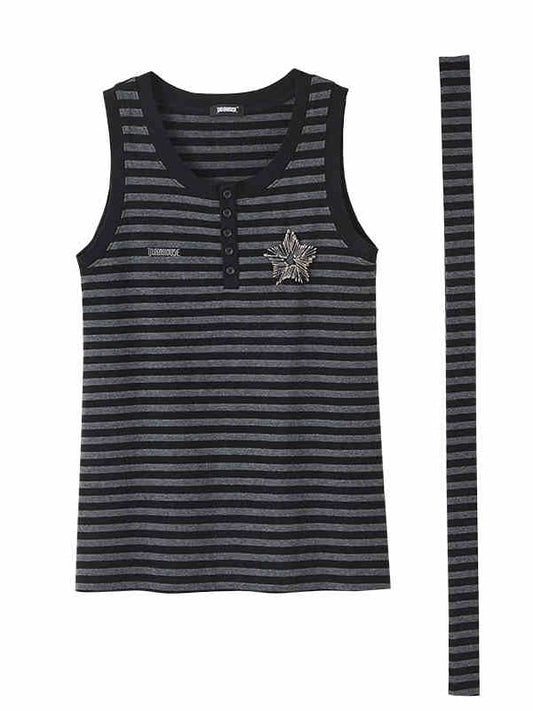 Punk Pins Star Black and Gray Striped Loose Tank Top with Scarf