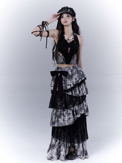 Black Punk Asymmetrical Tiered Plaid Skirt Regular/Long Version