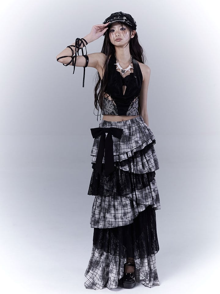 Black Punk Asymmetrical Tiered Plaid Skirt Regular/Long Version
