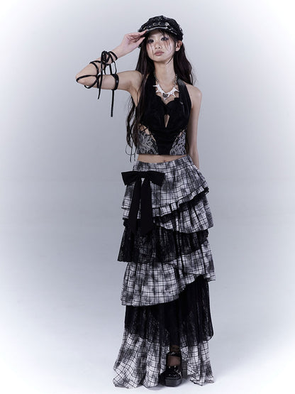 Black Punk Asymmetrical Tiered Plaid Skirt Regular/Long Version