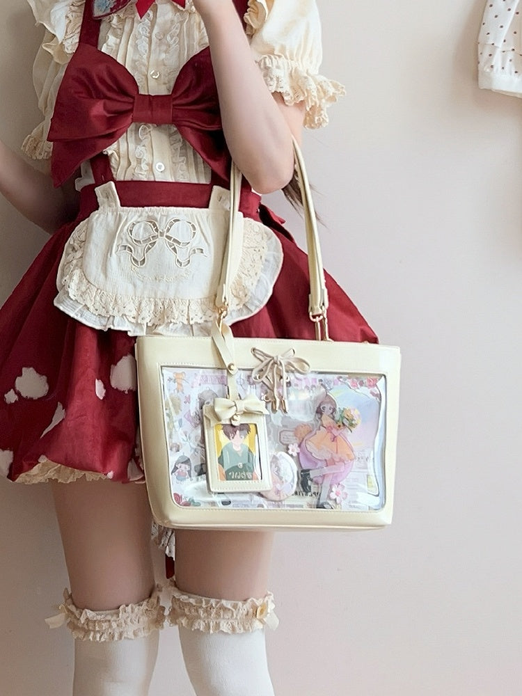 Light Yellow Bow Accents Lace-up Detail Ita Shoulder Bag with Free Charm