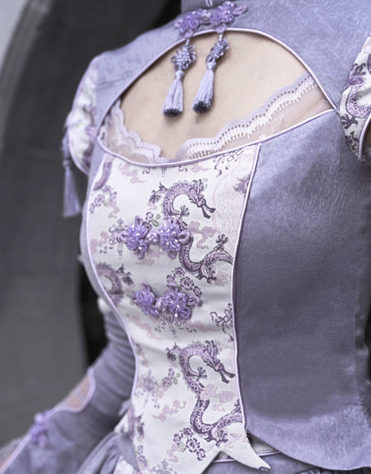 Purple Cheongsam Collar Short Sleeves Top Tassel Charm Decorated