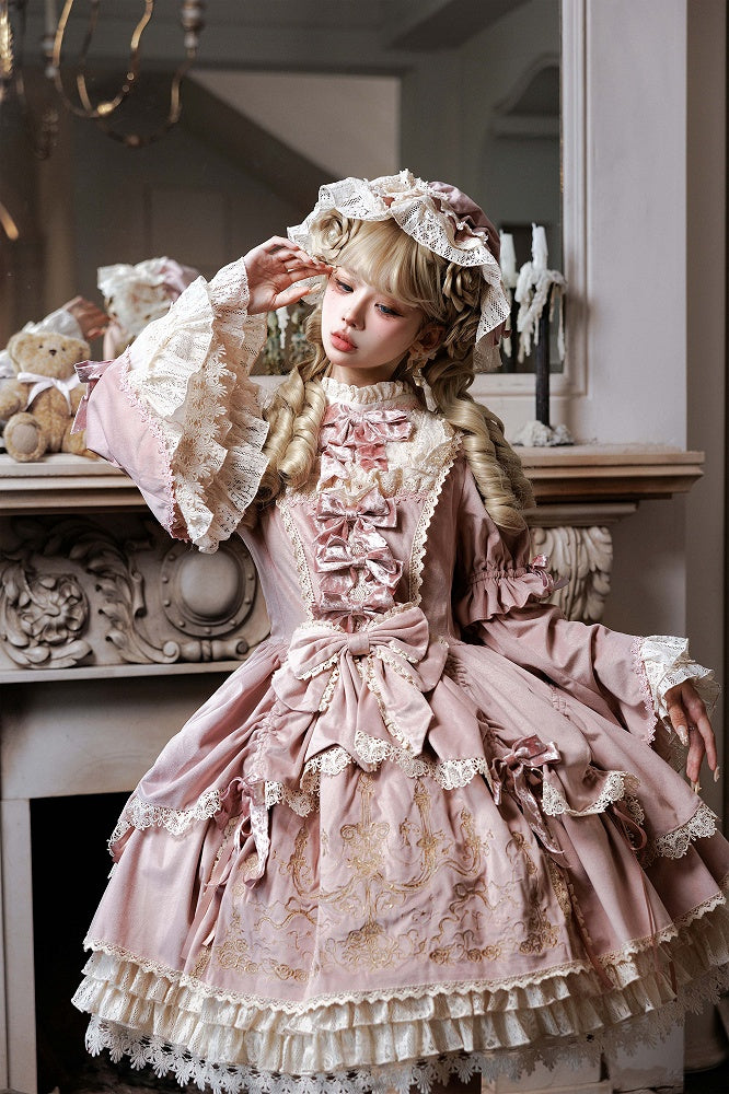 Candle and Candlestick Embroidery Pink Bell Sleeves Velvet Dress Lolita OP / Set
