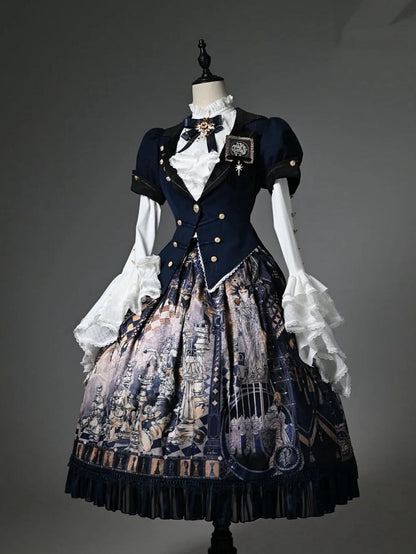 Dark Blue Blazer Collar Short Puff Sleeves Split-Tail Top