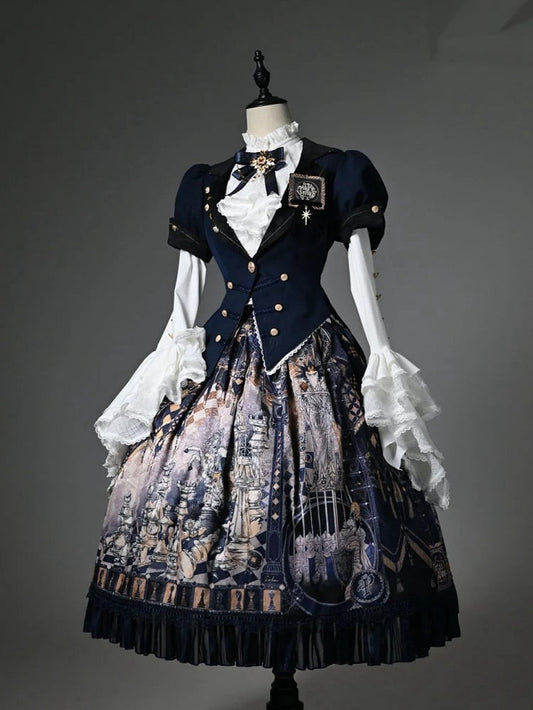 Dark Blue Blazer Collar Short Puff Sleeves Split-Tail Top