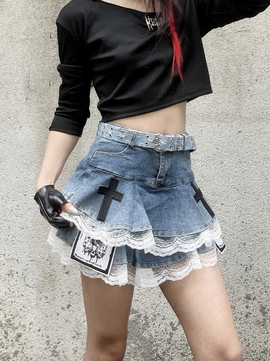 Blue Cross and Skeleton Appliques Lace Trim Glamorous Tiered Skirt