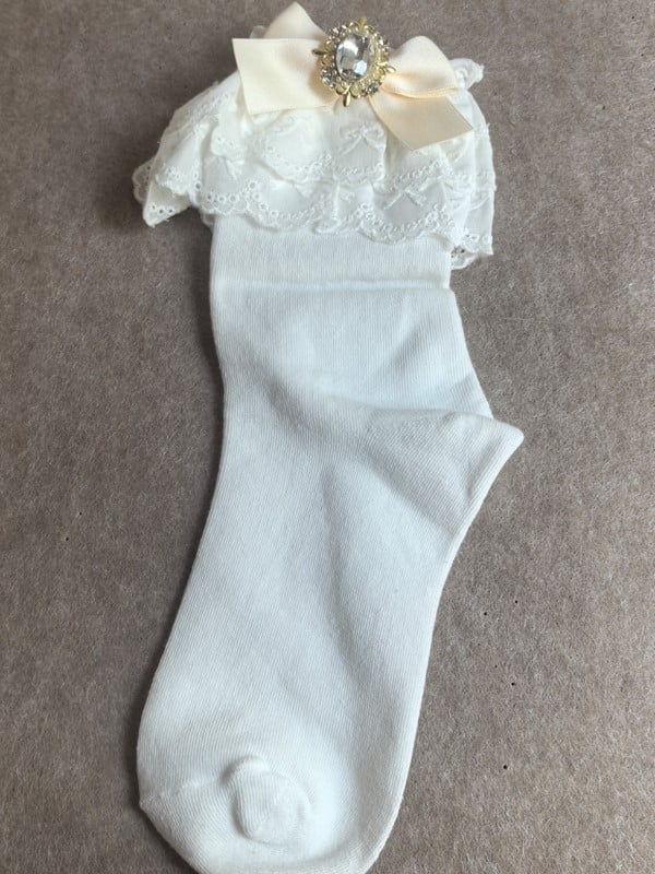 White Ruffled Cuff Jirai Kei Calf Socks With Pink/Blue/Purple/White/Black/Beige Bowknot Details