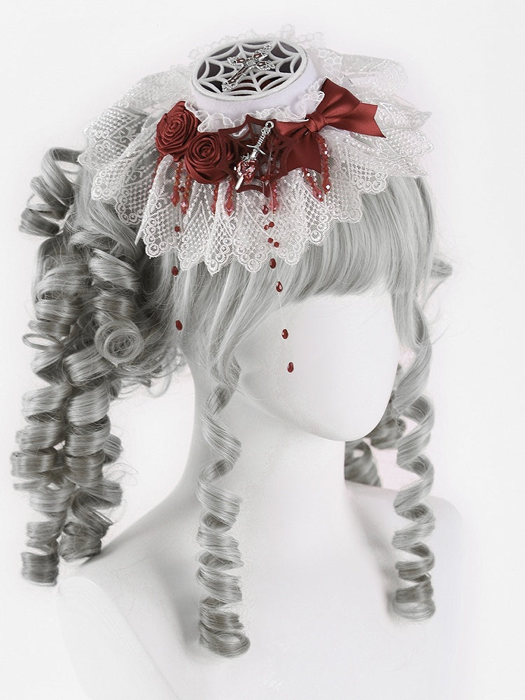 Gothic Cross and Sword White and Red Rosettes Bowknot Mini Flat Hat with Beads