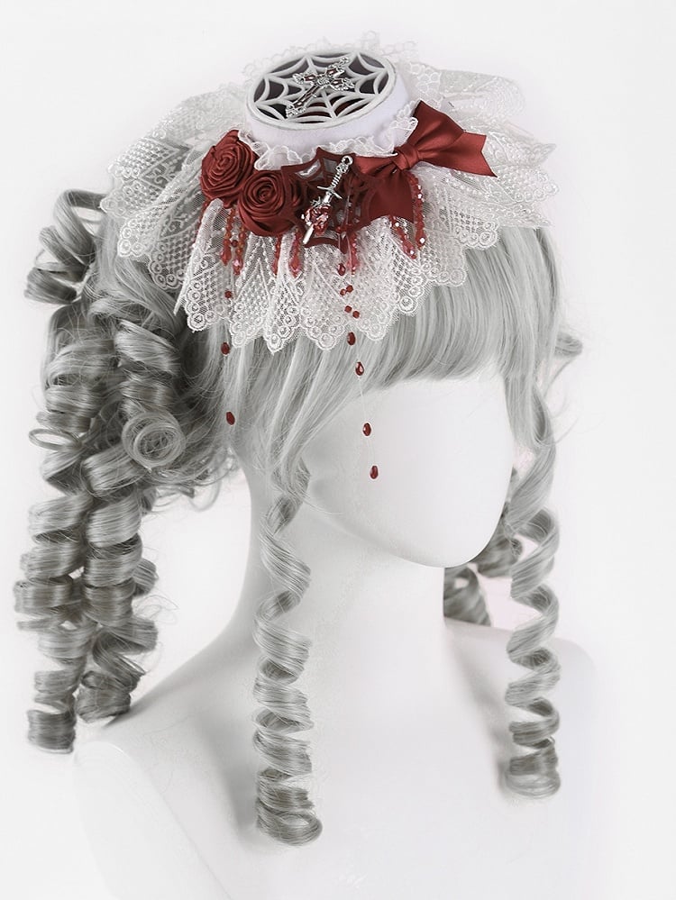 Gothic Cross and Sword White and Red Rosettes Bowknot Mini Flat Hat with Beads