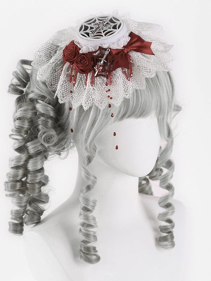 Gothic Cross and Sword White and Red Rosettes Bowknot Mini Flat Hat with Beads