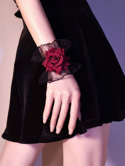 Black Gothic Rosette Lace Wrist Cuffs